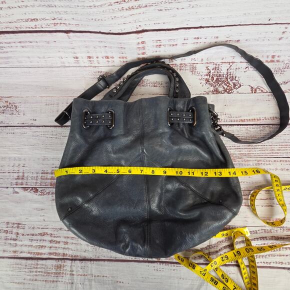 Banana Republic Dark Gray/Blue Genuine Leather Studded Dual Handle Crossbody Bag - Picture 10 of 12